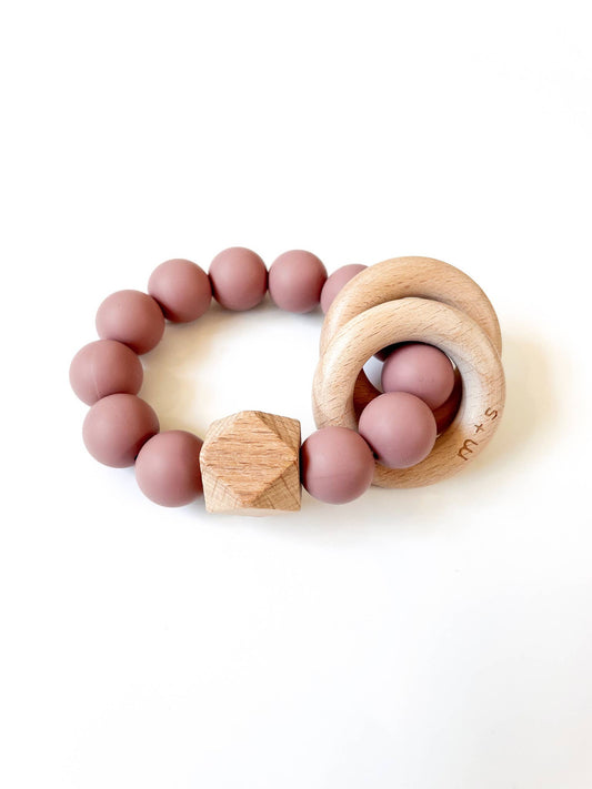 Geo Teether- Silicone and Beech Wood, Pink
